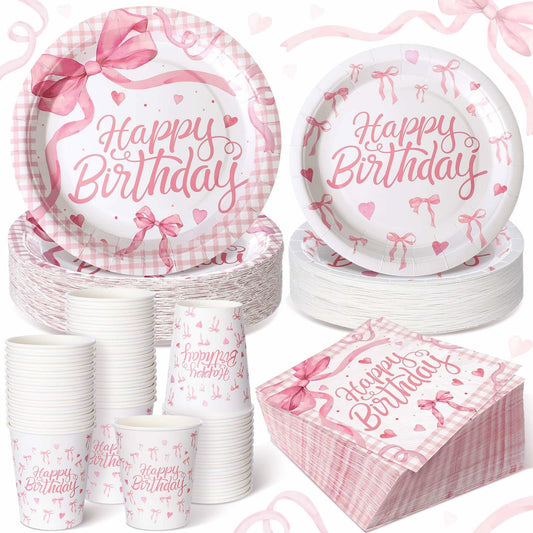 Coquette Pink Bow Birthday Party Supplies 216 Pcs Plates Napkins Set