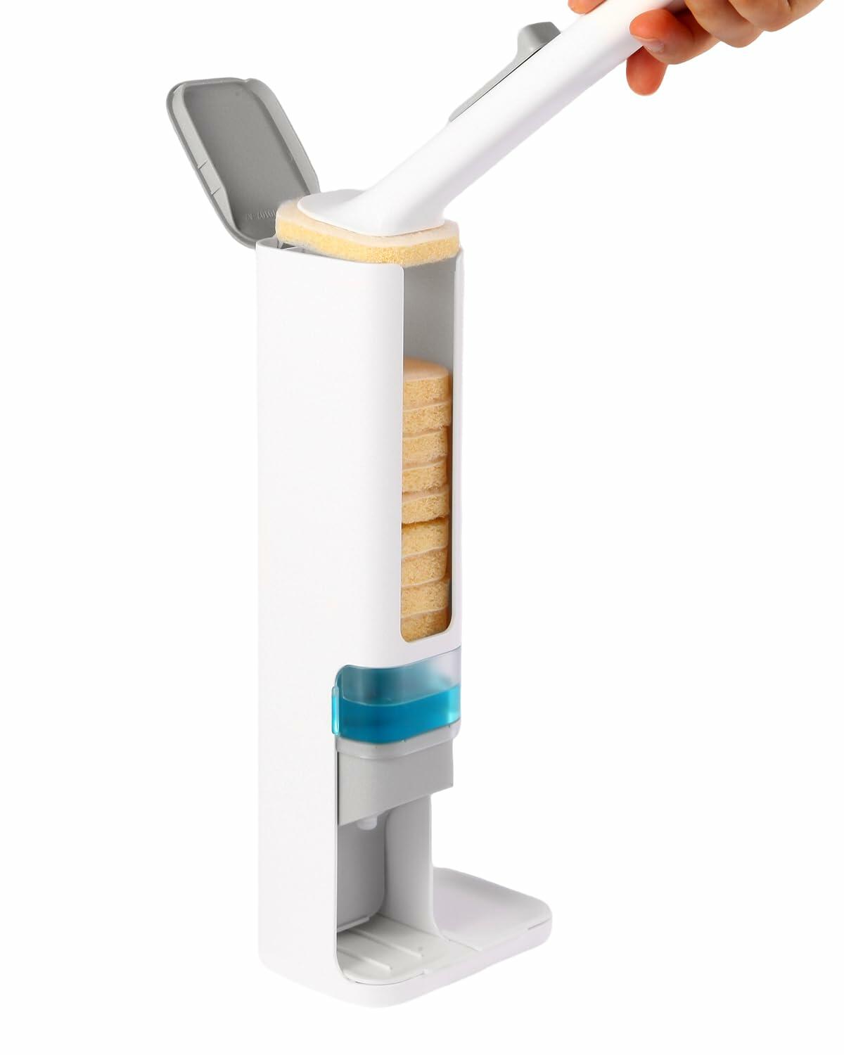 Soap Dispensing Dish Brush Set with 1 Long Handle & 10 Natural Loofah Sponges