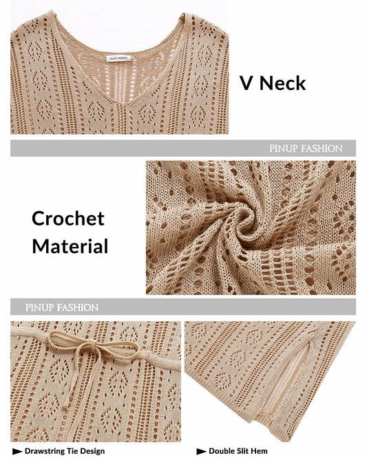 Pinup Fashion Crochet Bathing Suit Cover Up V Neck Apricot Size XXL