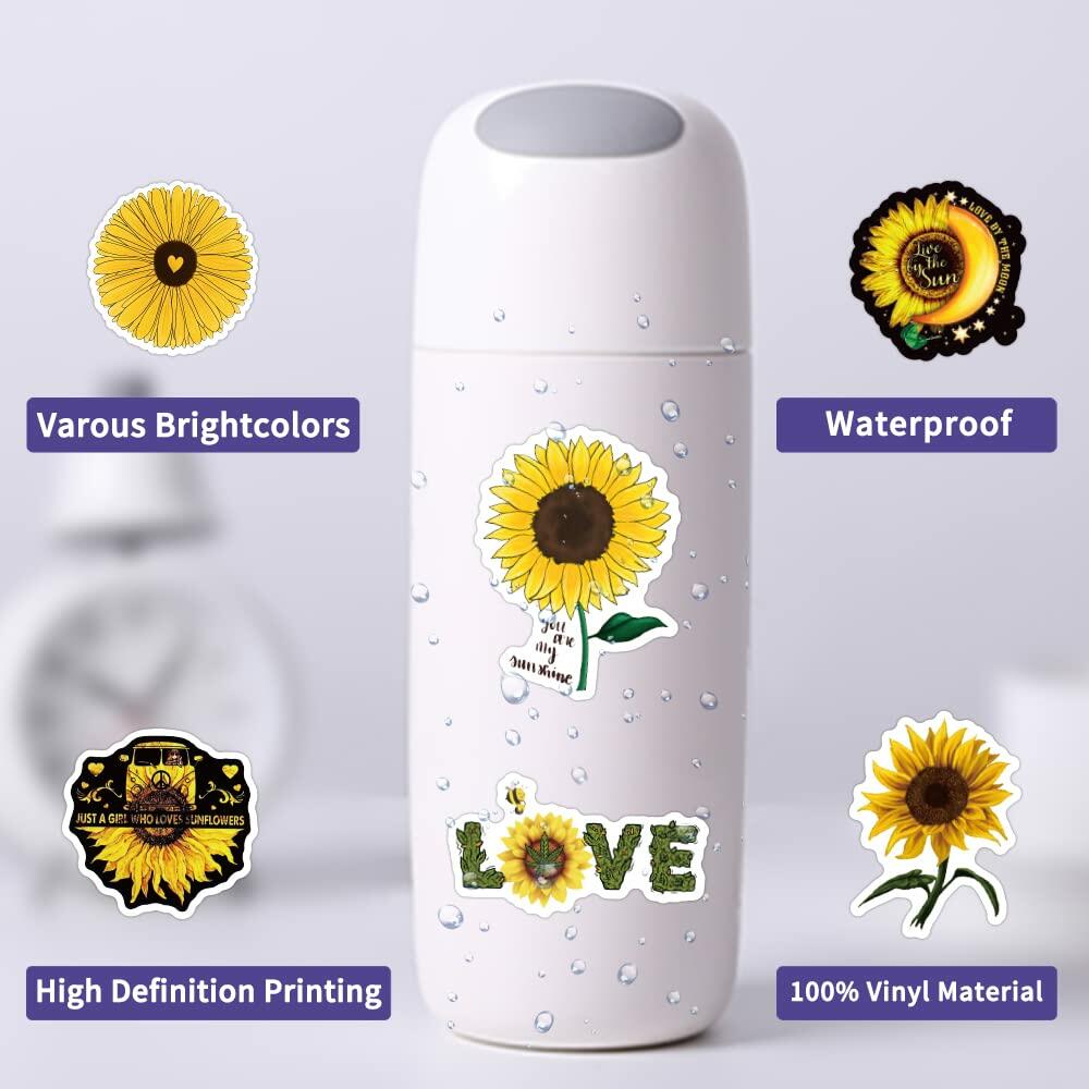Funimost Sunflower Aesthetic Waterproof Stickers Pack 50pcs Yellow Vinyl
