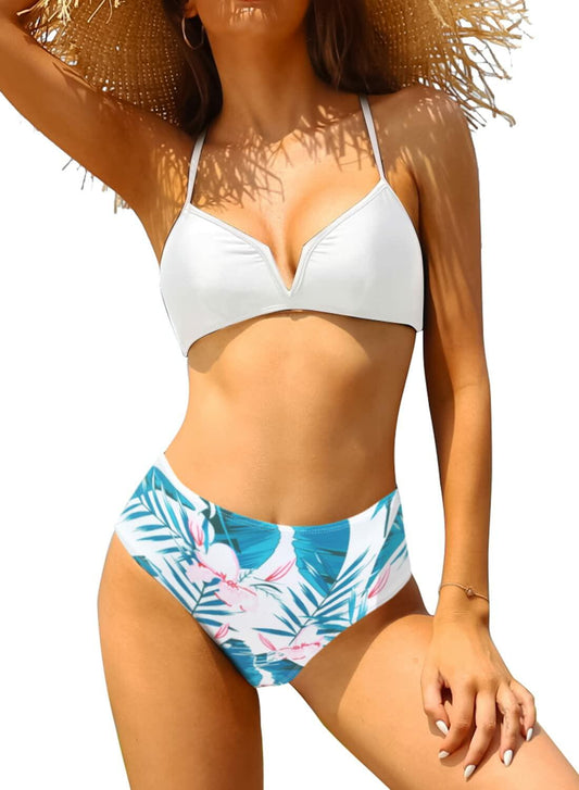 SHEKINI Women High Waist V-Wire Crossback Bikini Swimsuit Black Size L