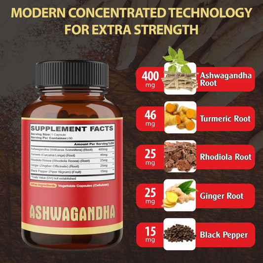 BestBy12/25 Ashwagandha 2 Pack 60 Caps 5in1 Formula Turmeric Rhodiola Black