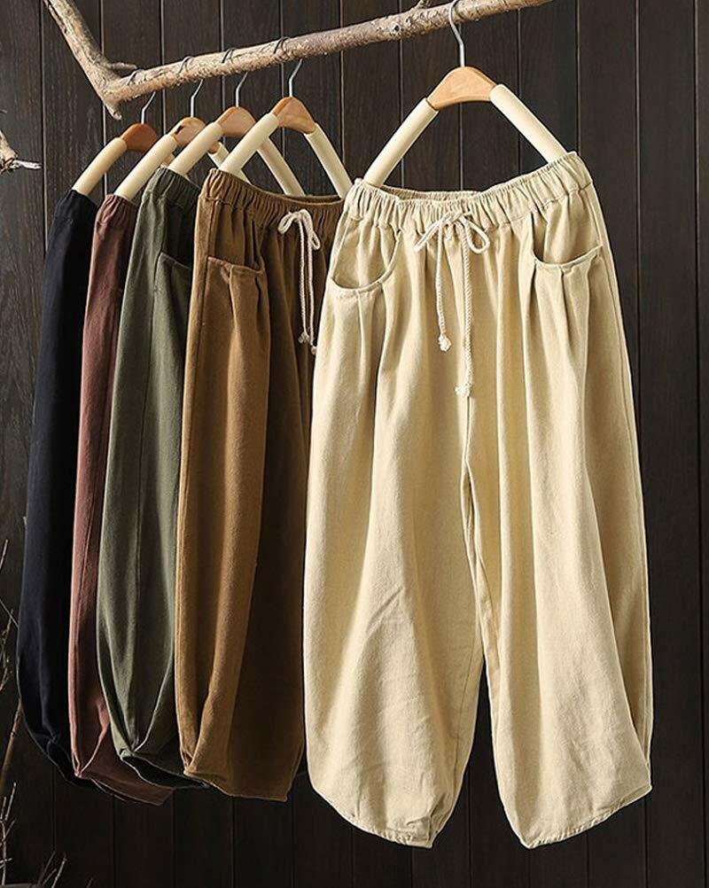 Minibee Womens Wide Leg Capri Pants Drawstring Waist Pockets Beige Size L