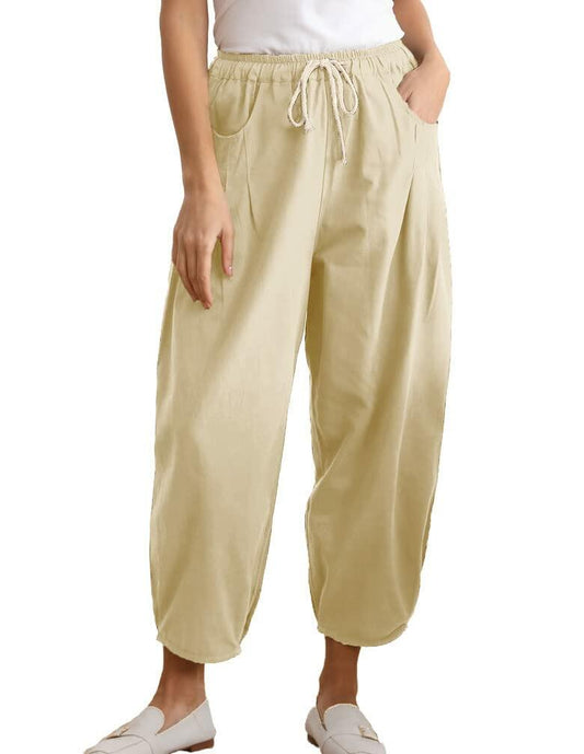 Minibee Womens Wide Leg Capri Pants Drawstring Waist Pockets Beige Size L