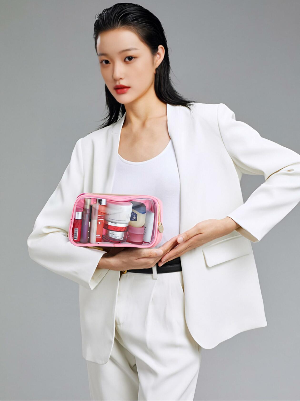 Nogsew Clear Waterproof Travel Makeup Bag Small Pink Zipper Organizer