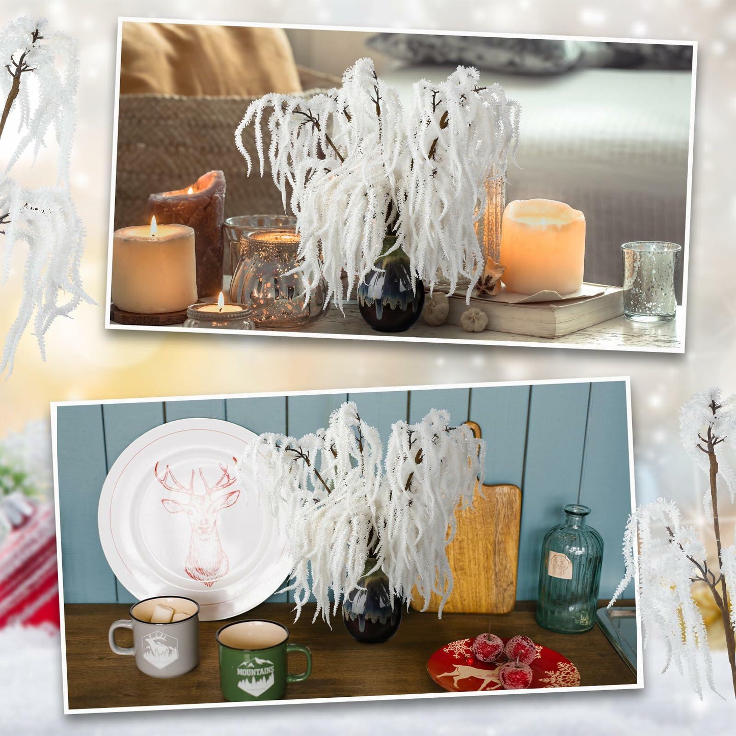 Chuangdi 12 Pcs 16" Snowy Pine Branches Artificial Christmas Decor