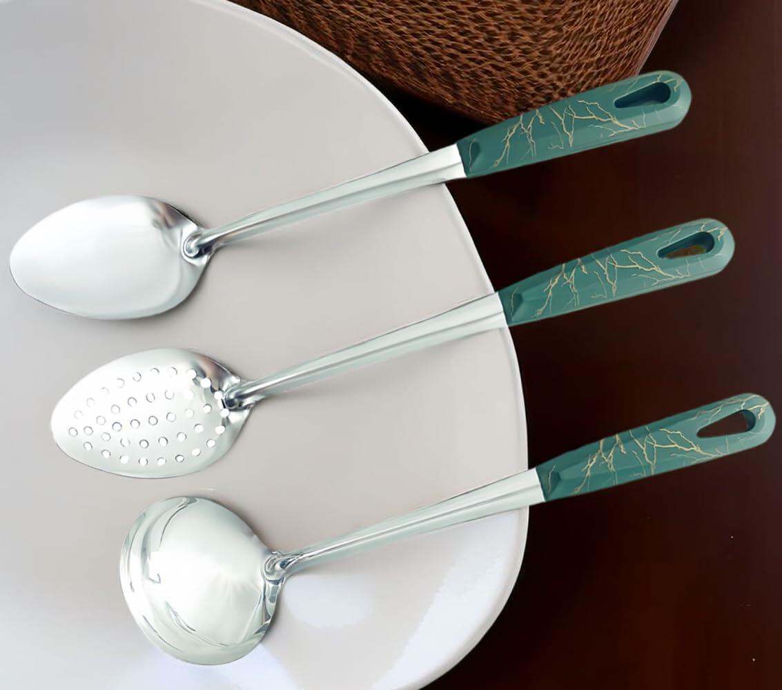 XIAOXGMALL Stainless Steel 3 Pc Serving Spoon Set White Slotted Ladle