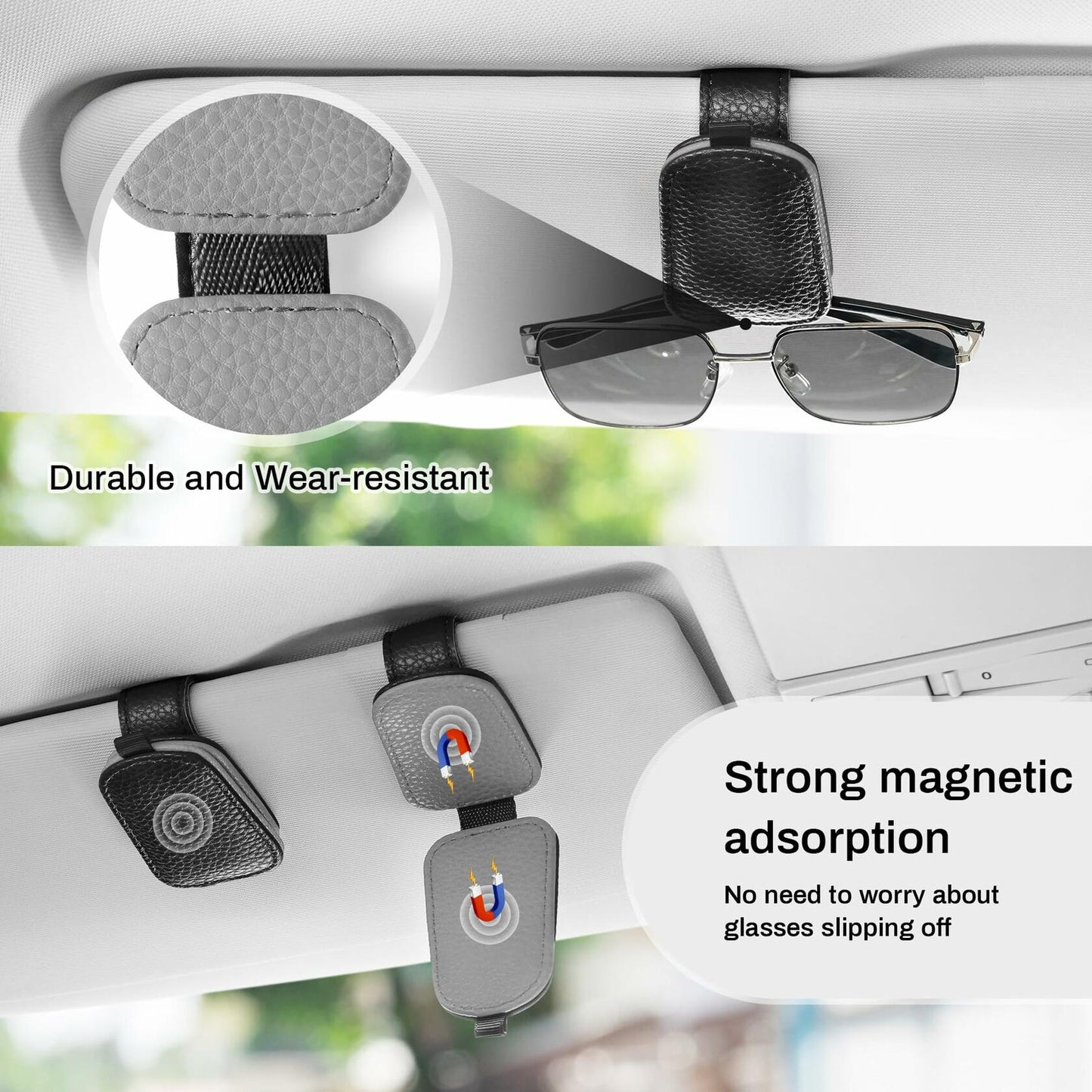 SINGARO Leather Magnetic Sunglasses Holder Clip Car Sun Visor Black-Gray