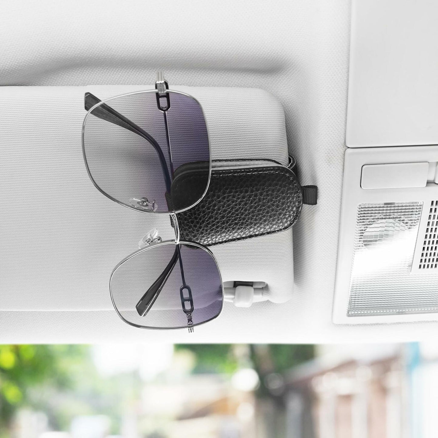 SINGARO Leather Magnetic Sunglasses Holder Clip Car Sun Visor Black-Gray