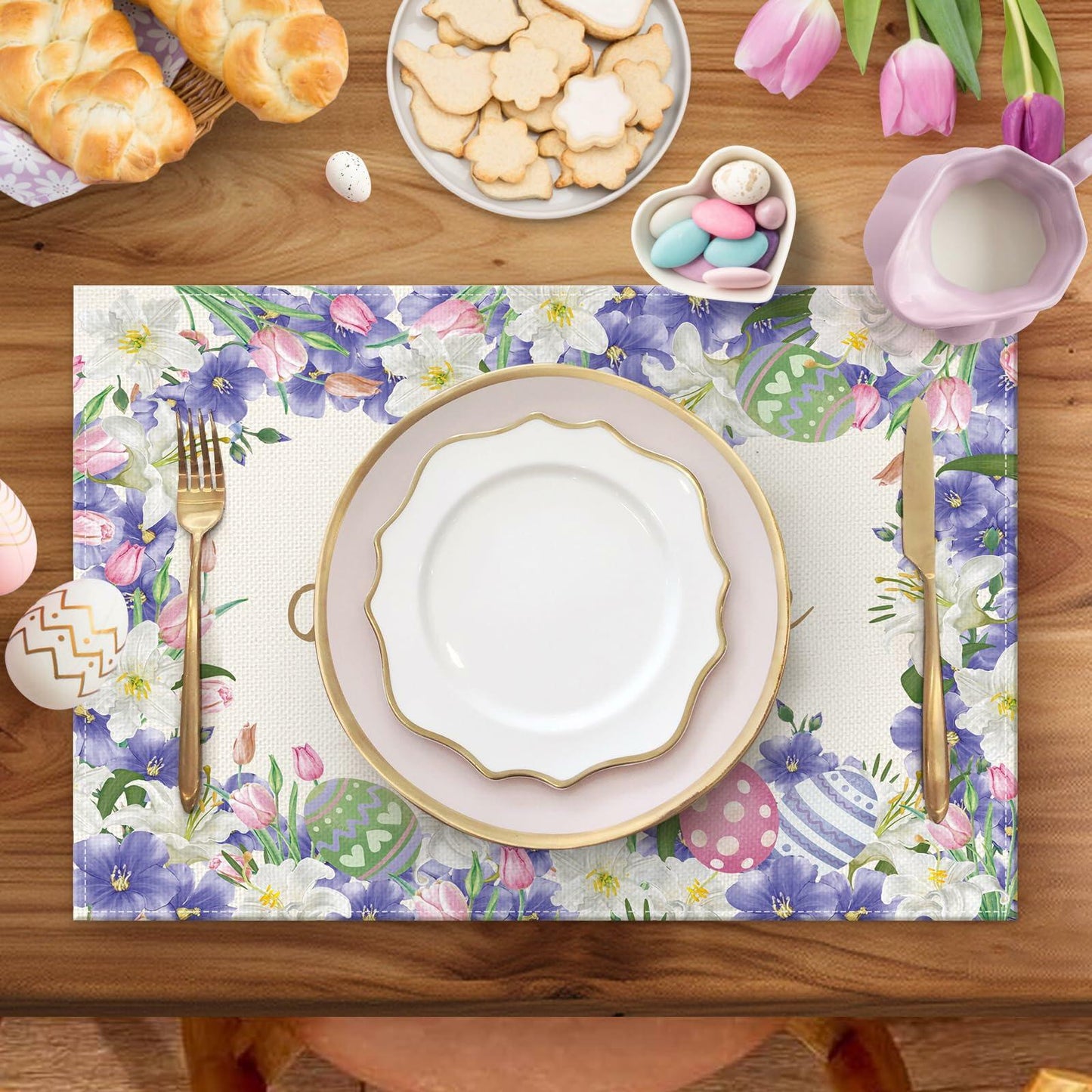NLUS He is Risen Easter Placemats Set of 4 Christian Cross Lily Flowers