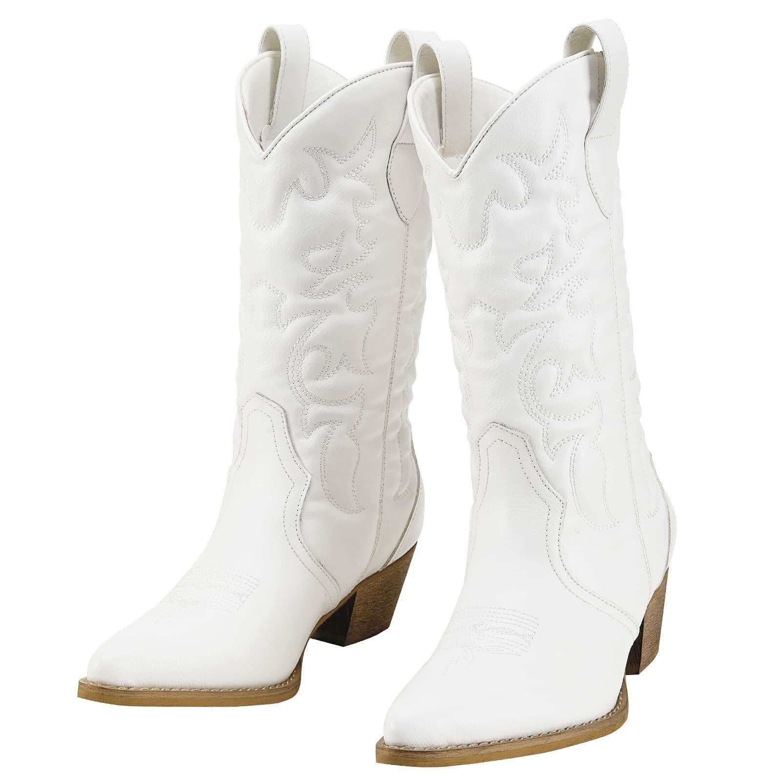 Rollda Women's Western Cowboy Boots Pointed Toe Mid-Calf White Size 7.5