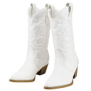 Rollda Women's Western Cowboy Boots Pointed Toe Mid-Calf White Size 7.5