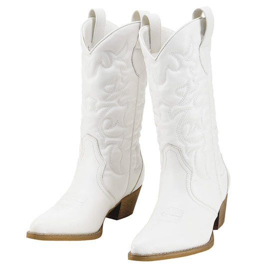 Rollda Women's Western Cowboy Boots Pointed Toe Mid-Calf White Size 7.5