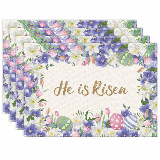 NLUS He is Risen Easter Placemats Set of 4 Christian Cross Lily Flowers