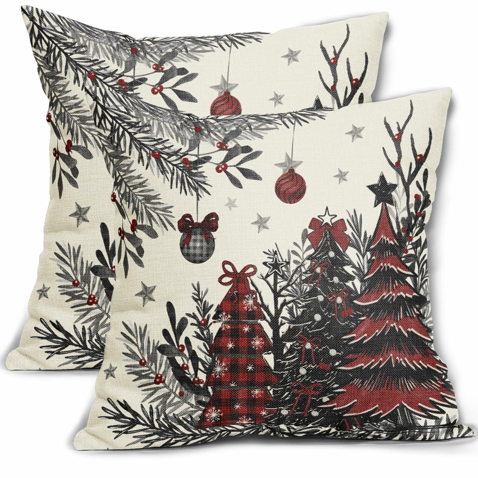 Black Red Christmas Tree Throw Pillow Covers 18x18 Set of 2 Xmas Decor