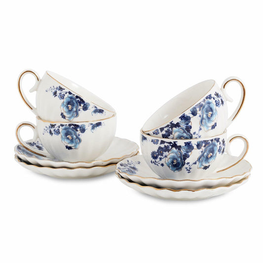 Agyiuns Porcelain Bone China Tea Cups 6.4oz Floral Gold Trim White Blue Set