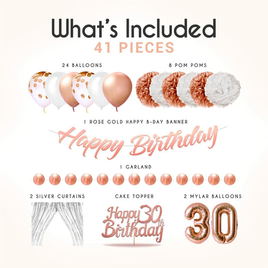EpiqueOne 41-Piece Rose Gold 30th Birthday Party Decorations for Women