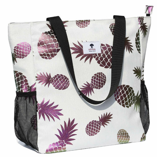 ESVAN Floral Water Resistant Large Tote Bag Shoulder Bag White Pineapple