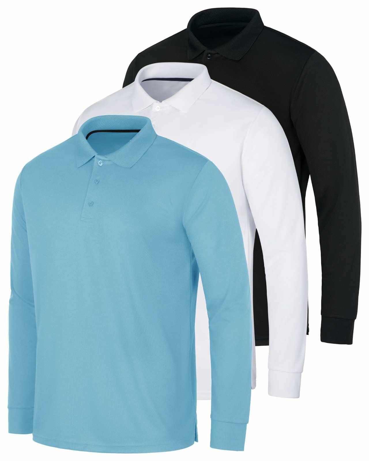 3 Pack Mens Dry Fit Long-Sleeve Polo Shirt Slim Athletic Set 9 Size S
