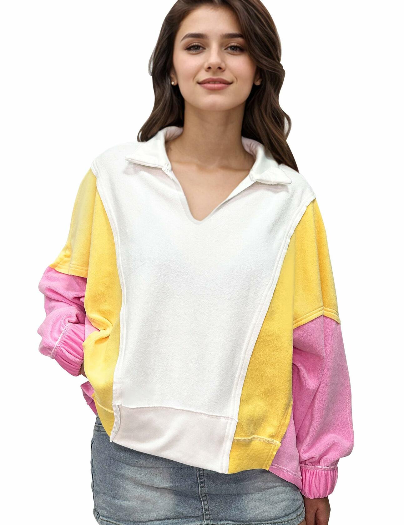 Buxitt Colorblock Oversized V-Neck Sweatshirt Women Patchwork Pullover XL
