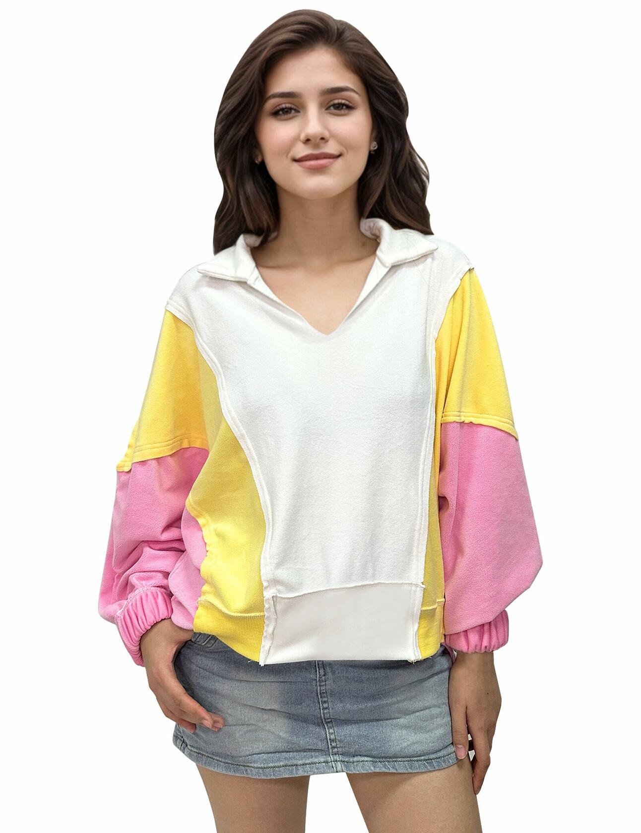 Buxitt Colorblock Oversized V-Neck Sweatshirt Women Patchwork Pullover XL