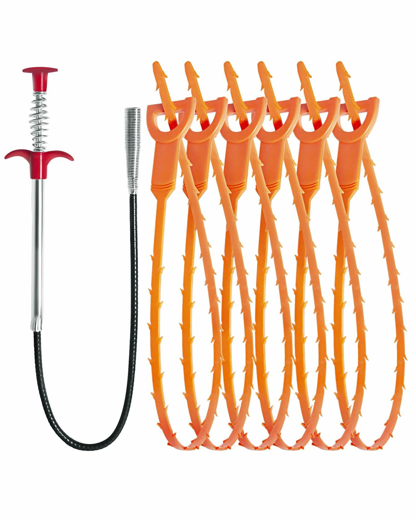 Hair Drain Clog Remover Tool 6x25" + 1x24" Plumbing Snake Set 7-Piece
