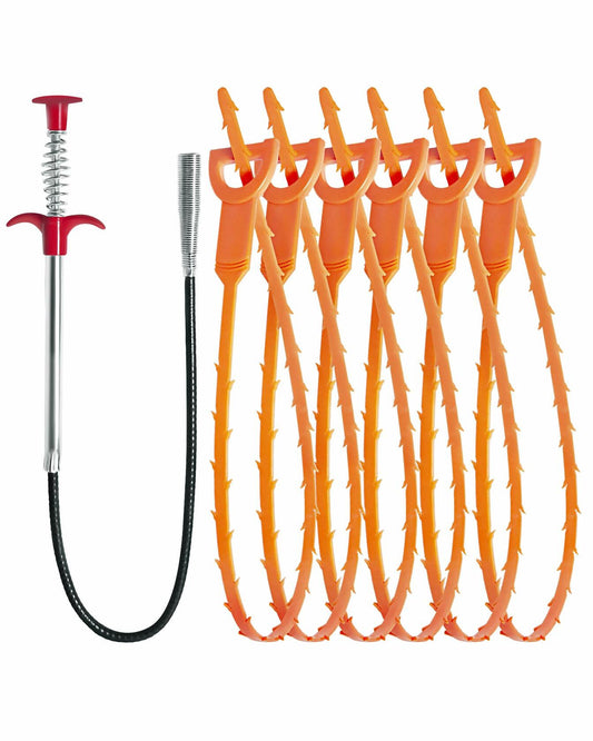 Hair Drain Clog Remover Tool 6x25" + 1x24" Plumbing Snake Set 7-Piece