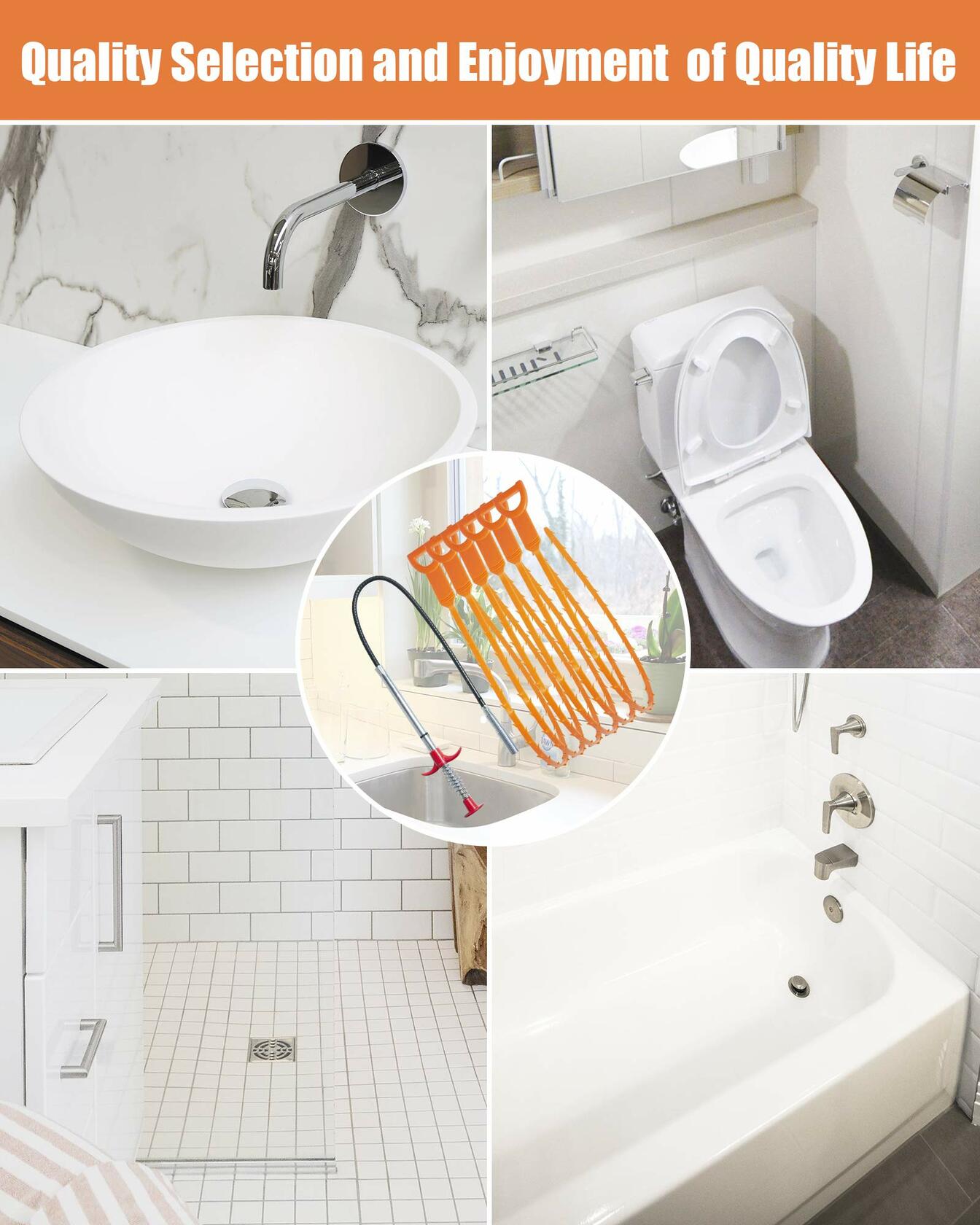 Hair Drain Clog Remover Tool 6x25" + 1x24" Plumbing Snake Set 7-Piece