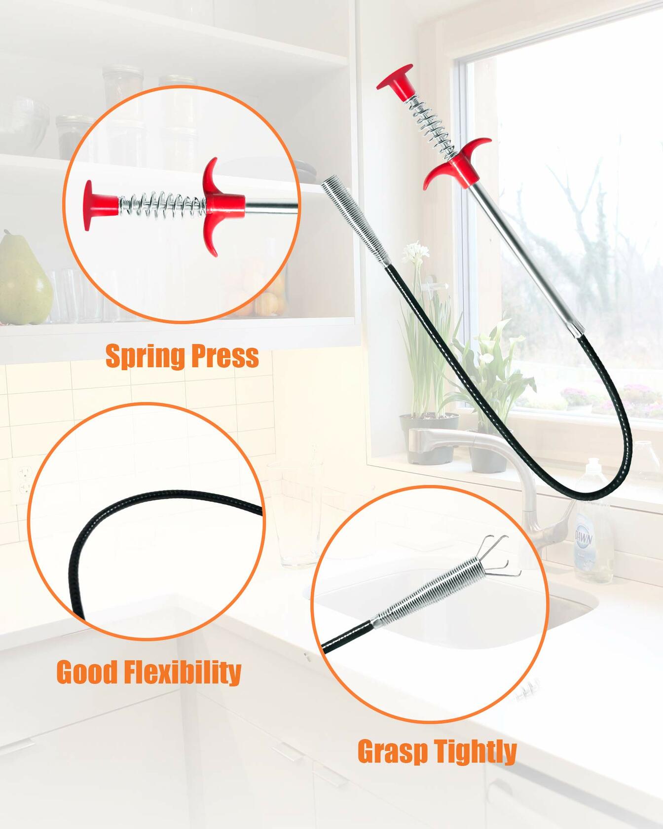 Hair Drain Clog Remover Tool 6x25" + 1x24" Plumbing Snake Set 7-Piece