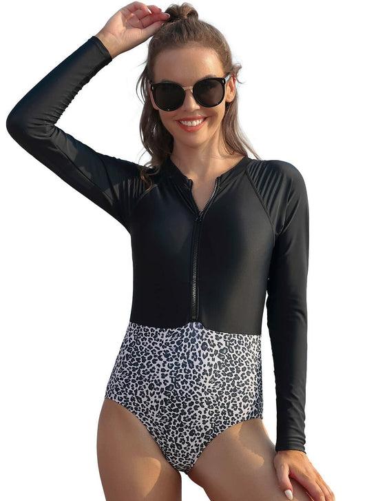 Women's Long Sleeve Rash Guard One Piece Swimsuit UV Protection Deep Blue Size L
