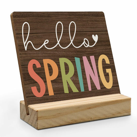 ANIANG Hello Spring Rustic Wood Plaque Sign with Stand Farmhouse Decor