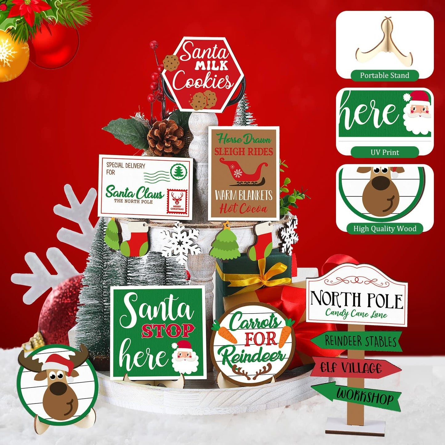 13 Pc Winter Tiered Tray Decor Elk Sled Tree Snowflake Wood Blocks