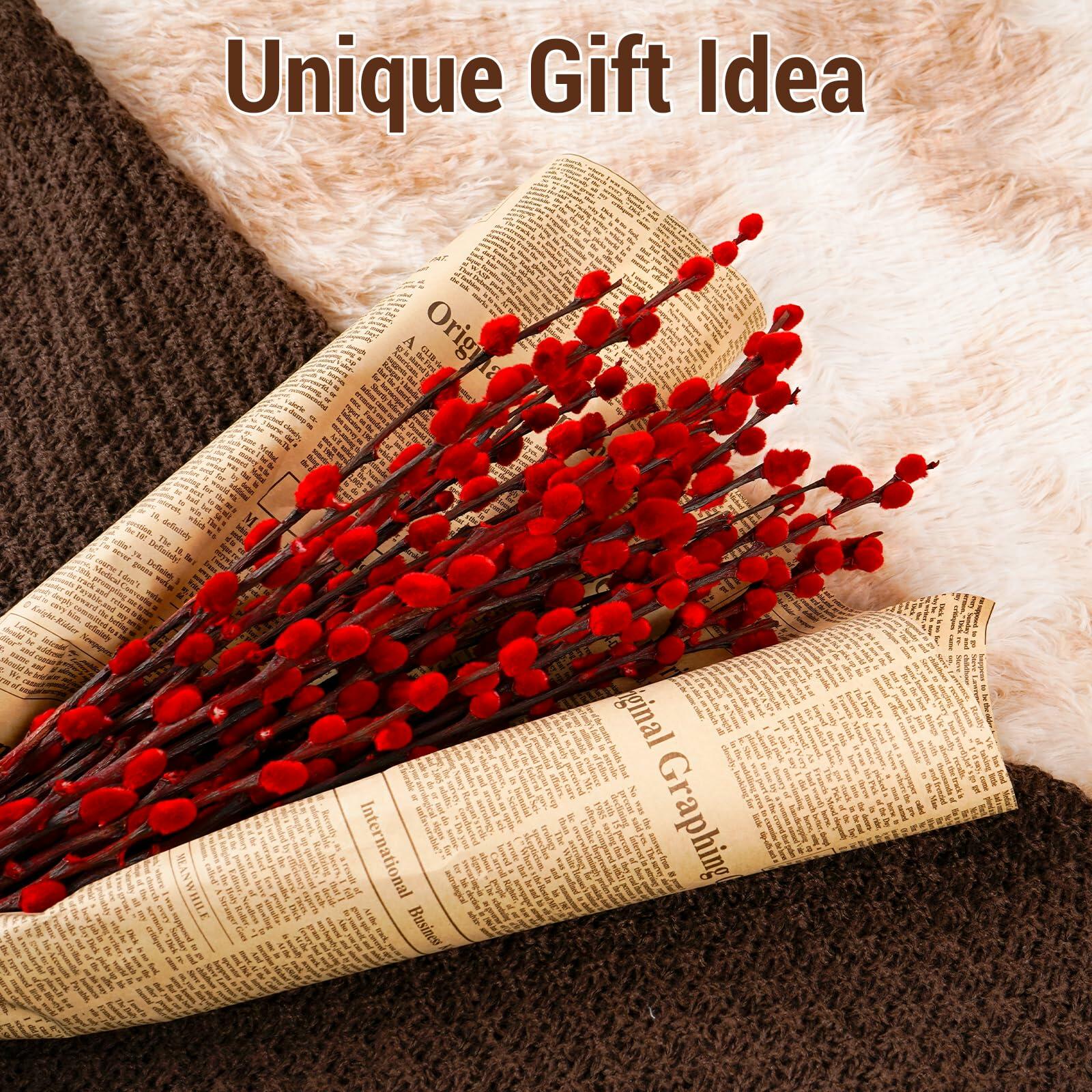 40pcs Red Pussy Willow Branches 17.5in Dried Flowers for Home Decor