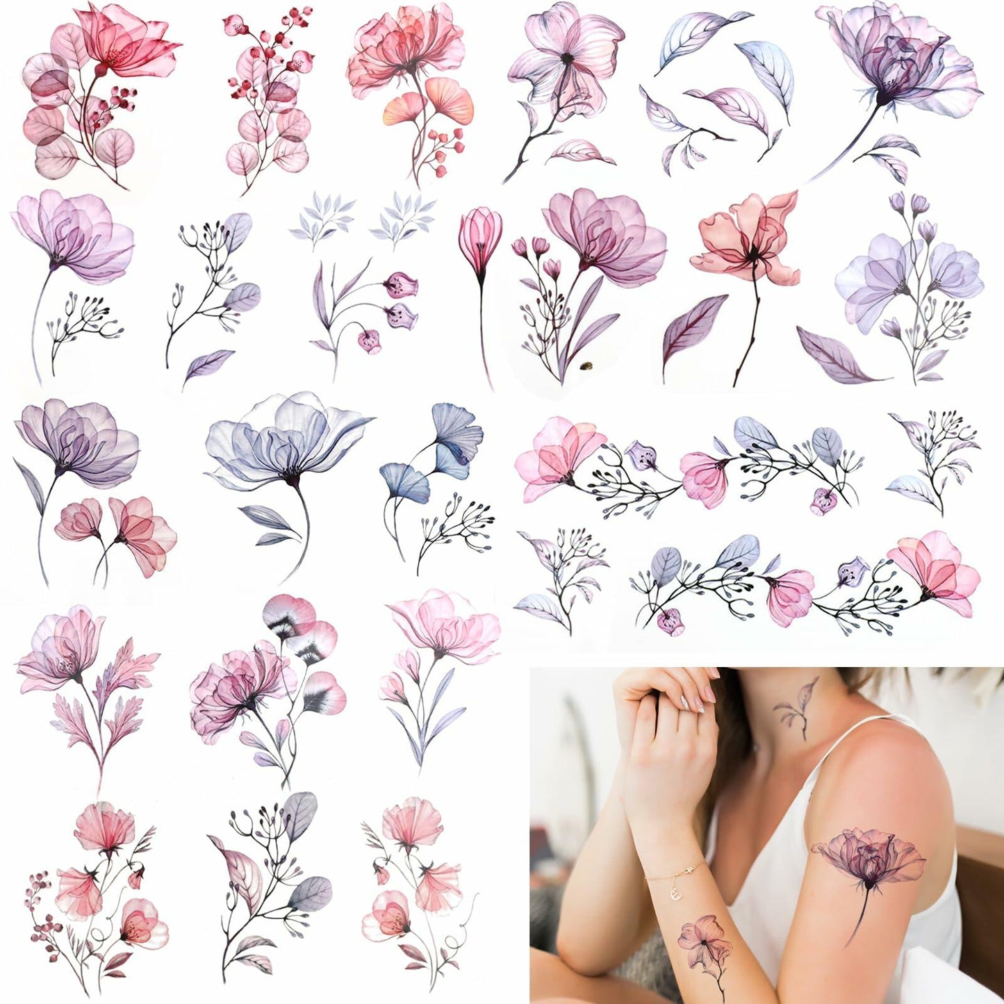 Jeffdad 20 Sheets Watercolor Floral Temporary Tattoos Stickers for Women