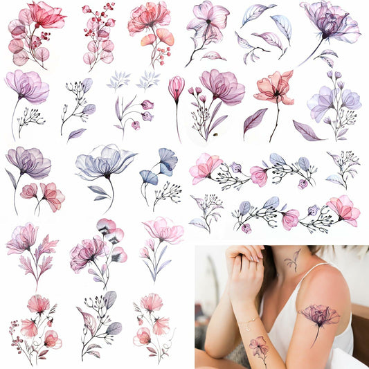 Jeffdad 20 Sheets Watercolor Floral Temporary Tattoos Stickers for Women