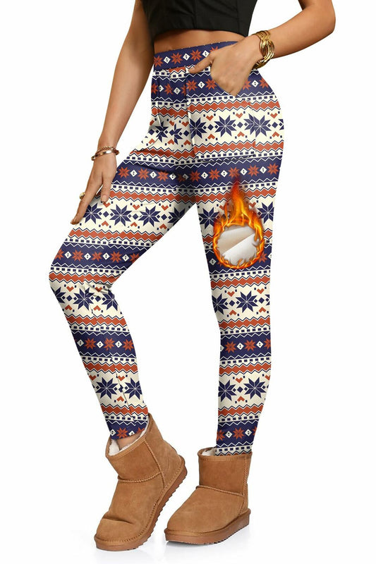 ALIREVERIE Womens Winter Fleece Leggings Snowflake Orange Blue Size XL