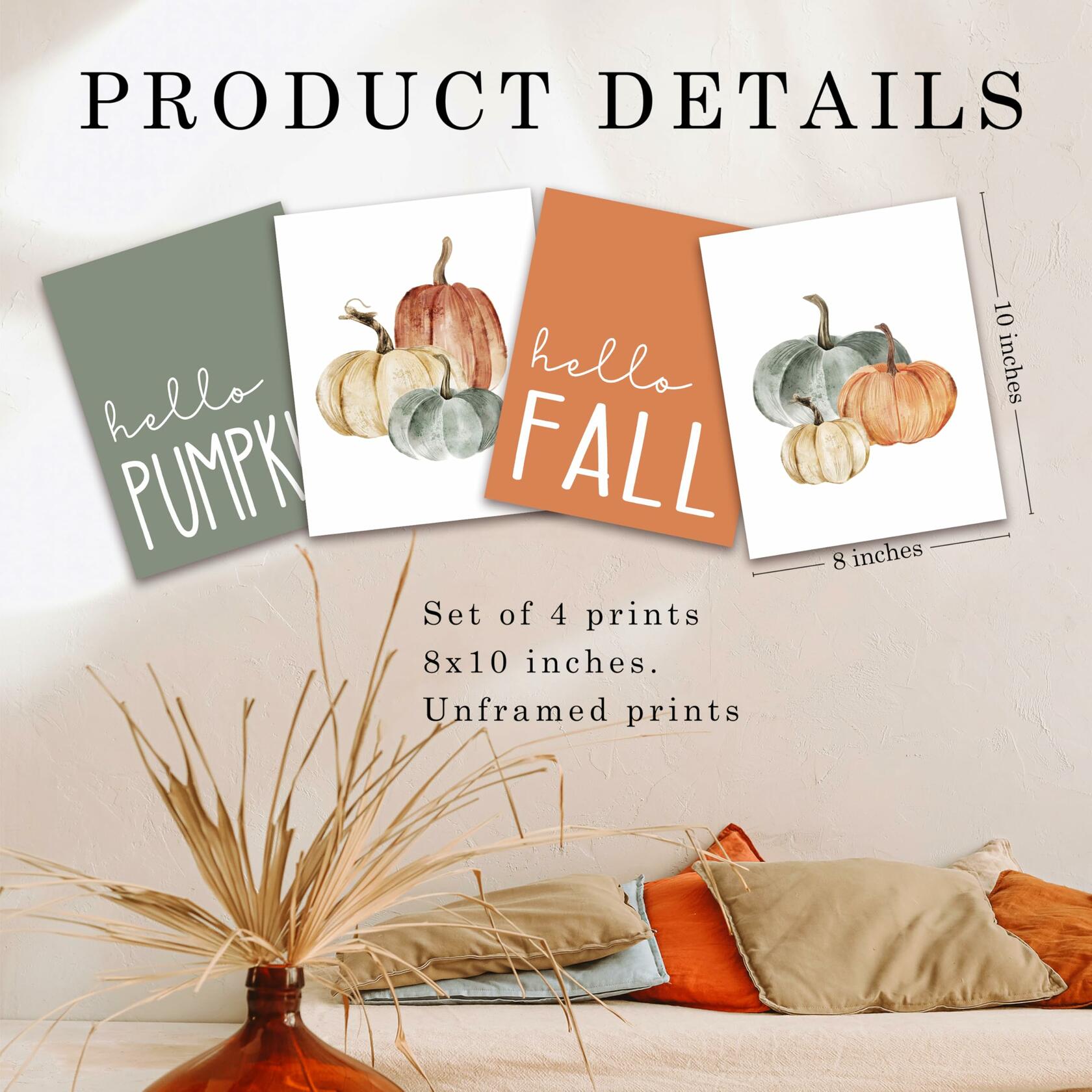 JWVK Hello Pumpkin Boho Fall Wall Art Prints Set of 4 8x10 Unframed