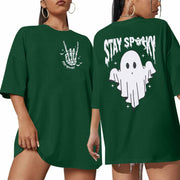 Halloween Oversize T-Shirt Women Spooky Graphic Ghost Tee Green Size M