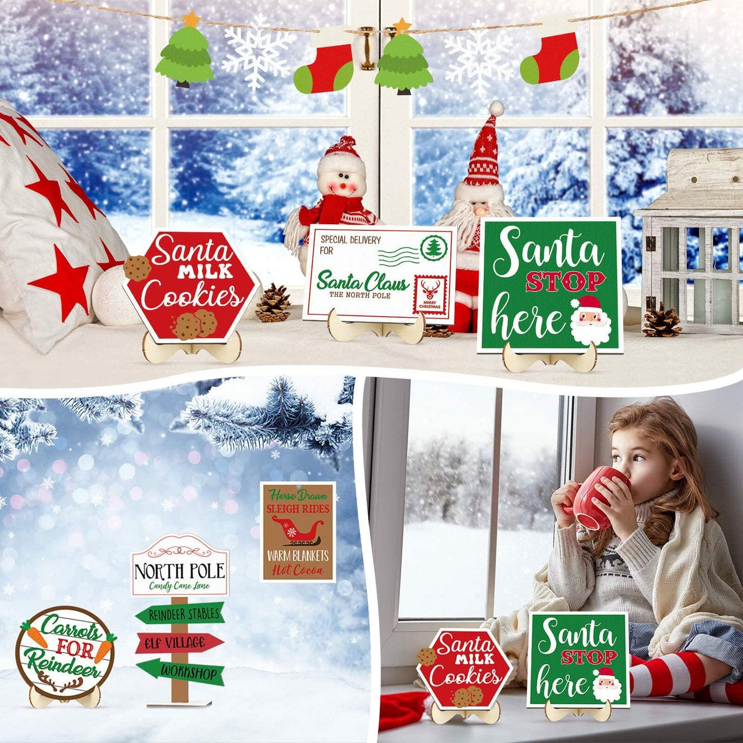 13 Pc Winter Tiered Tray Decor Elk Sled Tree Snowflake Wood Blocks