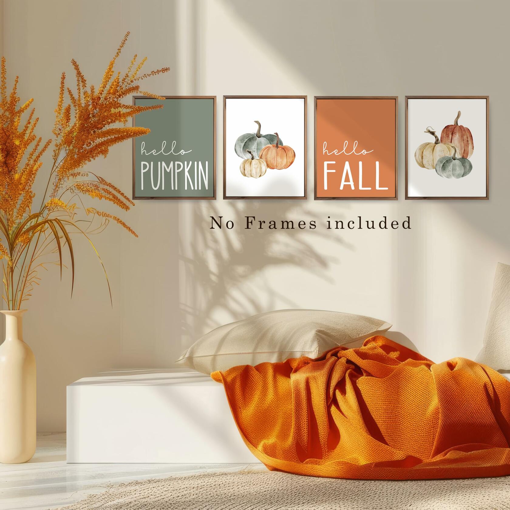 JWVK Hello Pumpkin Boho Fall Wall Art Prints Set of 4 8x10 Unframed