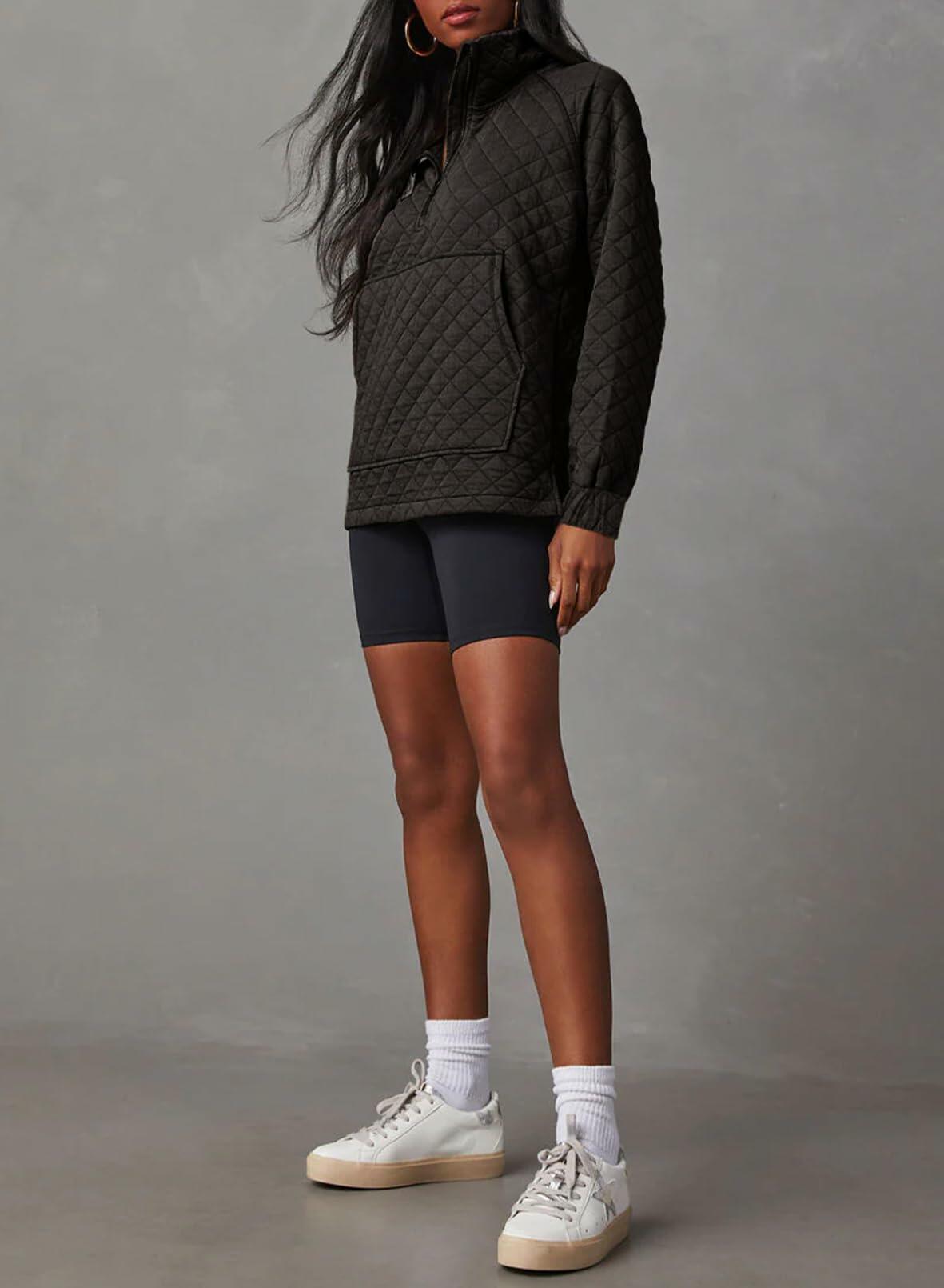 Dokotoo Women’s Oversized Quilted Half Zip Sweatshirt Black M Casual