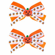 Halloween Pumpkin Hair Bows Clips Orange Dual-Layered Grosgrain Ribbon