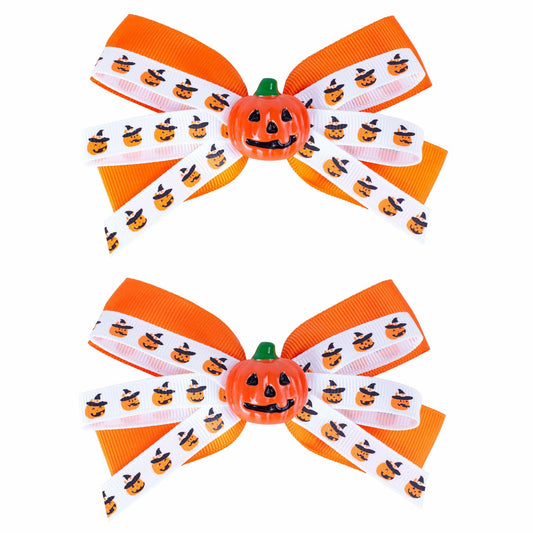 Halloween Pumpkin Hair Bows Clips Orange Dual-Layered Grosgrain Ribbon