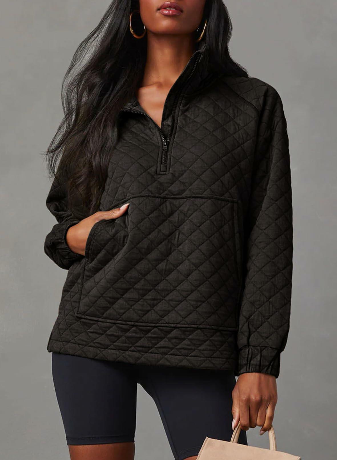Dokotoo Women’s Oversized Quilted Half Zip Sweatshirt Black M Casual