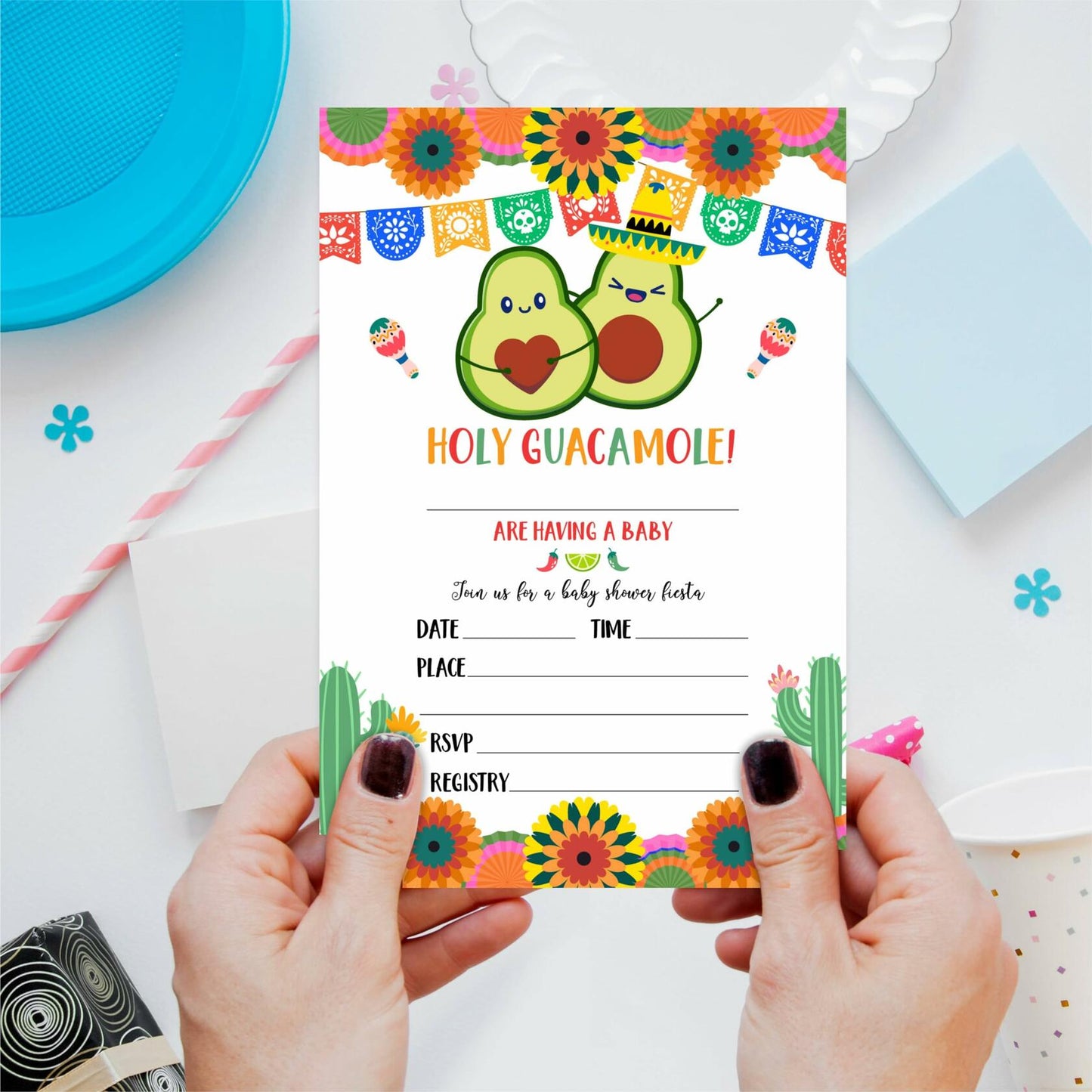 25pc Holy Guacamole Baby Shower Invitations Avocado Taco Mexican Fiesta B06