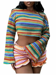 RoseSeek Women's Striped Crop Top Long Sleeve Knit Tee Multicolor Size S