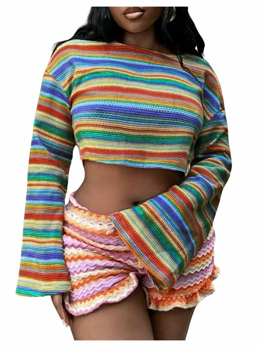 RoseSeek Women's Striped Crop Top Long Sleeve Knit Tee Multicolor Size S