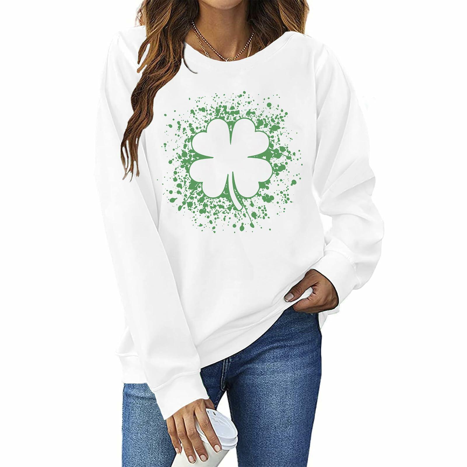 Women St Patricks Shamrock Lucky Clover Sweatshirt Pullover White Size XL