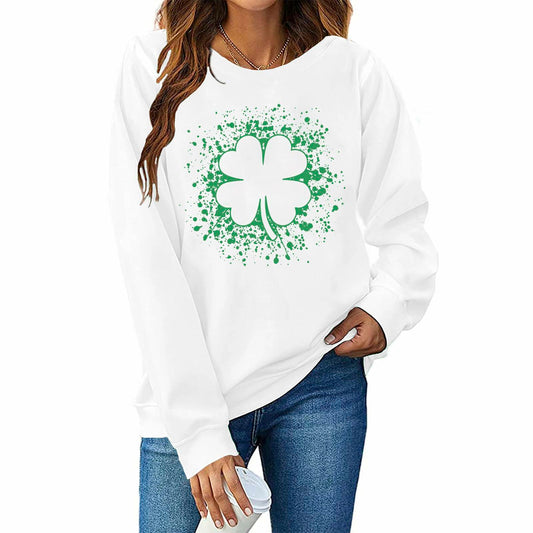 Women St Patricks Shamrock Lucky Clover Sweatshirt Pullover White Size XL