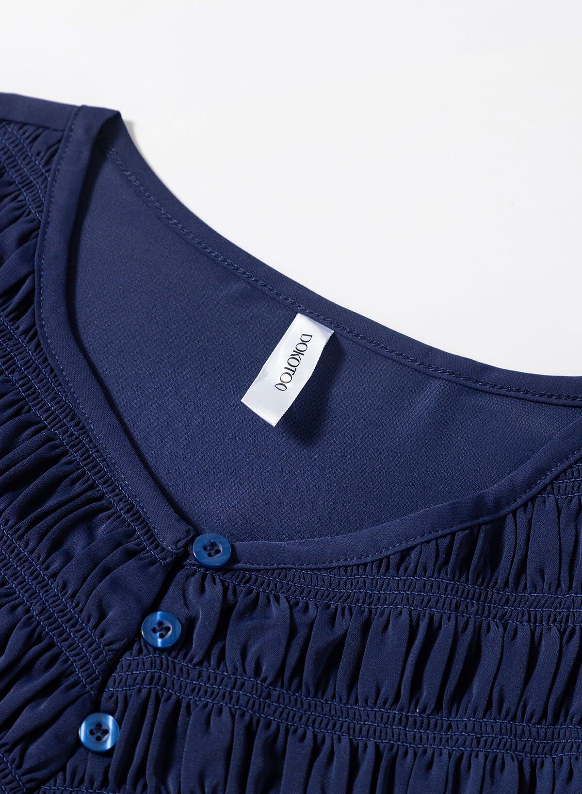 Dokotoo Fall Clothes Women Round Neck Smocked Top Navy Blue Size L